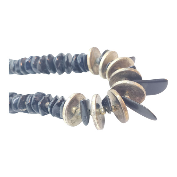 Chunky Black Onyx Statement Necklace Metal Discs Spikes Silver Plated Beads Boho - Picture 6 of 14